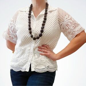 Kindred Crochet-Style Resort Buttondown Shirt, Petite Large